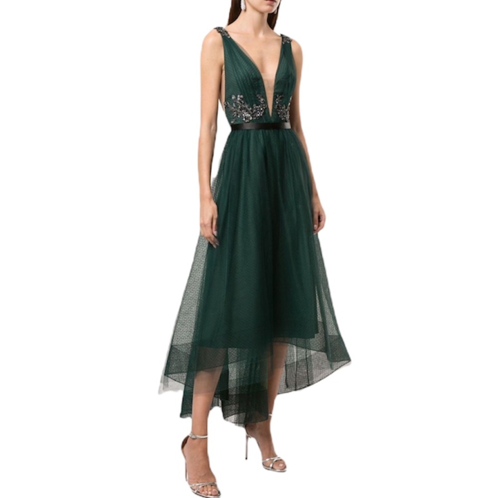 MARCHESA NOTTE Emerald Green Sleeveless High Low Beaded Dress NEW Size 6 Rare